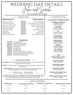 the wedding day details list is shown in black and white