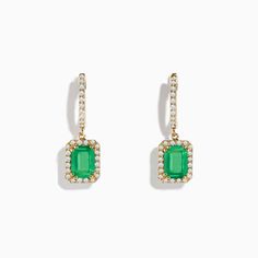 Effy 14K Yellow Gold Emerald and Diamond Drop Earrings Effy Jewelry, Yellow Stone, Diamond Drops, Diamond Drop Earrings, Gold Yellow, Round Diamonds, Gold Metal, Emerald, Yellow Gold