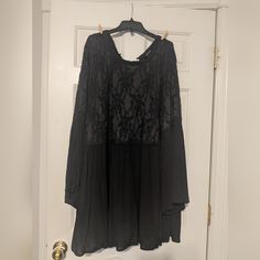 Black Lace Embellished Top. Babydoll Style With Bell Sleeves. Black Top With Lace Sleeves For Party, Black Lace Evening Blouse, Black Lace Blouse For Evening, Black Lace Sleeve Tops For Evening, Evening Tops With Black Lace Sleeves, Black Party Top With Lace Sleeves, Black Evening Tops With Lace Sleeves, Flowy Black Top For Party, Black Lace Party Blouse