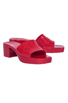 Current Boutique-Gucci - Red Rubber Logo Platform Slide Sandals Sz 10 Summer Synthetic Slides With Block Heel, Summer Block Heel Synthetic Slides, Trendy Summer Slides With Open Heel, Summer Block Heel Shoes With Red Sole, Summer Slip-on Heels With Red Sole, Summer Block Heel With Red Sole, Summer Block Heels With Red Sole, Trendy Open Toe Slides With Padded Heel, Trendy Summer Slides With Padded Heel