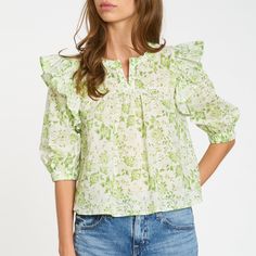 Dra - Anthropologie -Green Garden Ruffle Flowy Top -Size Xs Definitely Fits S As Well -New With Tag (Retail For $98) Spring Green Blouse, Casual Tops For Spring Garden Party, Cotton Ruffle Blouse For Garden Party, Cotton Blouse With Ruffles For Garden Party, White Top For Spring Garden Party, Casual Ruffled Blouse For Garden Party, Spring Tops With Ruffles For Garden Party, Green Spring Tops For Daywear, Green Tops For Spring Daywear