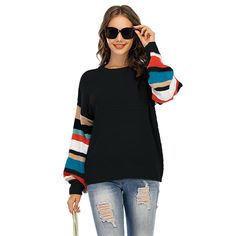 Black Splice Multicolor Stripe Long Sleeve Sweater Black Sweater With Striped Sleeves For Winter, Black Long Sleeve Sweater With Splicing, Black Long Sleeve Tops With Color Matching, Black Sweater With Contrast Color For Spring, Black Color Block Sweater For Layering, Black Color Block Sweater For Winter, Black Sweater With Striped Sleeves For Fall, Black Striped Sleeve Sweater For Fall, Black Patchwork Crew Neck Sweater