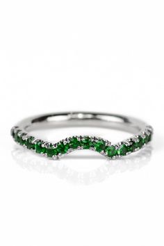 "Half Eternity Emerald Pave Shadow Band. Material: Gold 14K & 18K or PLATINUM 950 Plating: Rhodium/ Platinum Family (only if white gold) Finishing: High Polished, Shiny Fit: Comfort/ Rounded Interior Width: 2 mm Height: 2 mm Setting: U Micro Pave Set (Reminds the Letter \"U\" from Side) Stone: Authentic Emerald Quality: AAA Stone Size: 1.7mm Total Carat Size: apx 0.36 - 0.40 points Quantity of Stones: apx 19 (varies by ring size) A tracer, shadow, or contoured wedding band, on its most basic Green Halo Ring With Round Band, White Gold Emerald Ring For Promise With Round Band, White Gold Emerald Promise Ring With Round Band, Stackable White Gold Emerald Ring For Anniversary, Half Eternity Ring With May Birthstone In Round Band, Half Eternity May Birthstone Round Band Ring, Half Eternity May Birthstone Round Band, White Gold Stackable Emerald Ring For Anniversary, Emerald Half Eternity Round Band Ring