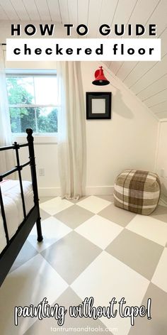 a bedroom with checkered floor and white walls