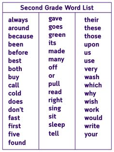 the second grade word list is shown in purple and white, with words below it