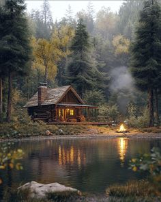 a cabin in the woods near a lake with a campfire on the shore and trees around it