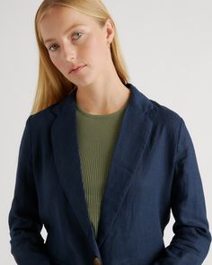 Who doesn't want to throw on the effortless look of linen to top off their outfit? The single-breasted European Linen Blazer is here to do just that. Relaxed fit, functional pockets, breathable, and lightweight. We love her for work, vacation, and weekends—versatile is an understatement.  | Quince | Women's 100% European Linen Blazer in Deep Navy, Size XL Silk Pajamas Shorts, Silk Pajama Pants, Unstructured Jacket, Work Vacation, Silk Tee, Linen Tank, Wide Leg Linen Pants, Knit Blazer, European Linens