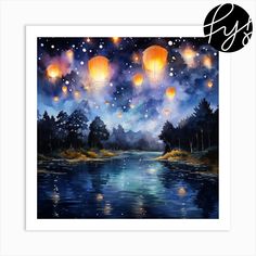 a painting of lanterns floating in the sky over a lake with trees and water at night