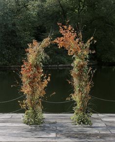 two tall vases with plants are sitting on a wooden platform near the water's edge