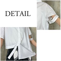 ◆404 FRONT ASYM DESIGN SHIRT ○素材○ 布帛は綿ローンの薄手素材。 【生地の厚み】普通地 【伸縮】なし 【透け感】白のみ若干透けます。 ◇◇◇ アシンメトリーなデザインが目を引く、ショートシャツブラウス。 フロントの右身頃の前立てがカーブしており、裾部分はふらしとなっています。 左右の着丈も異なっております。 そして袖口は開いているデザインとなっております。 ※左袖のみ 着丈が若干短めとなっていますので、ボトムインすることなくそのまま着用いただけます。 ワイドパンツやスカートとの相性が抜群なトップスとなっています。 ◆後身頃の裾は斜めのカットのデザインとなっています。 ●モード感漂う、デザインシャツ● ・アシンメトリーなデザイン。 ・トレンドのショート丈アイテム◎ SIZE:フリー ※表記は半身サイズになります。(平置きにて検寸) 身幅60cm 着丈53cm 裄丈46cm 裾幅53cm 袖口幅19cm 衿幅5.5cm ◆着用モデル162cm ■生産地：中国 ■素材：綿 100％ ◇◆仕様◆◇ ・フロントアシンメトリーデザイン。 ・左袖口カット。 White Asymmetrical Tops For Workwear, White Asymmetrical Tops For Work, Casual Cotton Shirt With Asymmetrical Hem, Casual Cotton Asymmetrical Shirt, Casual Asymmetrical Cotton Shirt, White Shirt With Asymmetrical Hem For Spring, White Asymmetrical Cotton Shirt, Spring Cotton Blouse With Asymmetrical Hem, Asymmetrical Cotton Shirt