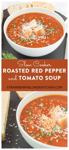 two bowls of roasted red pepper and tomato soup with parmesan cheese on top