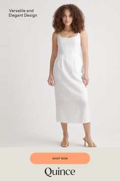 Crafted from the finest quality linen sourced from Europe, our 100% European Linen Scoop Neck Midi Dress is soft, breathable, and lightweight, making it the perfect choice for warm weather. The elegant scoop neck and midi length of the dress make it a versatile addition to any wardrobe. Whether you're dressing it up for a special occasion or keeping it casual for a day out, this dress is sure to turn heads.  | Quince | Women's 100% European Linen Scoop Neck Midi Dress in White, Size Medium Scoop Neck Midi Dress, Silk Tee, Linen Tank, Wide Leg Linen Pants, European Linens, Flattering Dresses, Silk Tank, Silk Pajamas, Collar Blouse