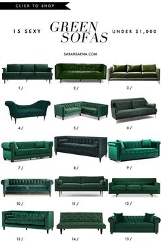 the green sofas are all different sizes and colors