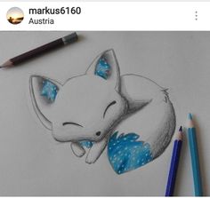 a drawing of a sleeping cat with blue polka dots on it's chest and eyes