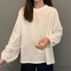 Lasaky - Loose Fit Pullover with Lantern Sleeves: Long-Sleeved Solid Color Basic Shirt Trench Coats Women Long, Windbreaker Fashion, Sleeve Stencil, Basic Long Sleeve Tee, Women's Windbreaker, Long Overcoat, Loose Pullover, Basic Long Sleeve, Basic Shirts