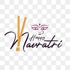 happy navratii text on a white background with an orange stick and mask