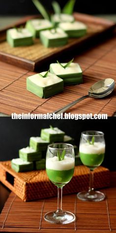 green jello and custard desserts on wooden trays with utensils