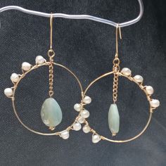 Gold Tone Hoops With Pearls Wire Wrapped On Them And Gorgeous Amazonite Faceted Teardrop Beads. Elegant And Classy! Wire Wrapped Pearl Earrings, Elegant Beaded Circle Earrings, Bohemian Round Pearl Drop Jewelry, Dangling Beads Round Earrings, Everyday Round Earrings With Dangling Beads, Beaded Round Pearl Earrings, Hoops With Pearls, Club Earrings, Earrings Handmade Boho