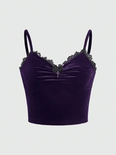 Morado Casual Collar  Tela Liso Tirantes Embellished Elástico Alto Purple Bustier Top, Velvet Tube Top, Black And Purple Clothes, Dark Purple Top Outfit, Dark Purple Outfit Ideas, Dark Purple Clothes, Dark Purple Top, Purple Shirts, Dark Purple Accessories