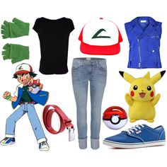 some pokemon items are arranged in the shape of a person's outfit and shoes