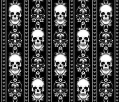 a black and white striped background with skulls