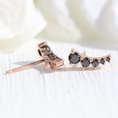 5 Black Diamond Earrings Rose Gold Studs Curved Crawler Earrings | La More Design Anniversary Rose Gold Jewelry With Black Diamonds, Gift Black Diamond Earrings, Rose Gold Black Diamond, Black Diamond Earrings Studs, Crawler Earrings, Black Diamond Studs, Halo Diamond Earrings, Black Diamond Earrings, Crawlers Earrings