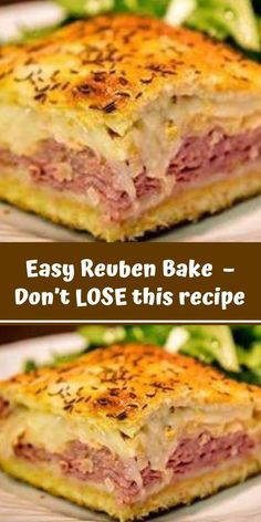 two pictures of reuben bake on a plate with lettuce in the background