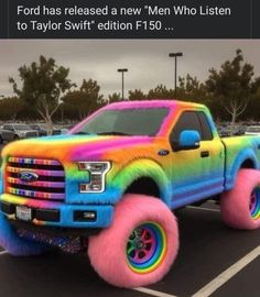 a truck that has been painted in rainbow colors