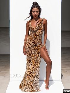 Fisdy - Exquisite Leopard Print Beach Cover-Up: Sensual Backless Split Vacation Sun Protection Shirt with Bikini Cover-Up Feature Leopard Print Outfits, Beach Kaftan, Split Design, Backless Design, Beach Covers, Cover Up Dress, Swimwear Accessories, Olivia Mark, Sun Protection