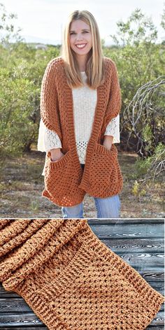 a woman standing on top of a wooden bench next to a blanket with crochet