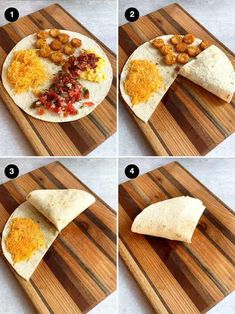 four pictures showing how to make a tortilla burrito on a cutting board