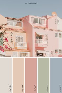 a dusty pastel color palette inspired by the villas of la caleta de adeja in tenerife, spain. Tan Pink Color Palette, Green Pink Tan Color Palette, Pink Green Beige Colour Palette, Pastel Pink Blue Green Palette, Earth Tone Pastel Color Palette, Dusty Colours