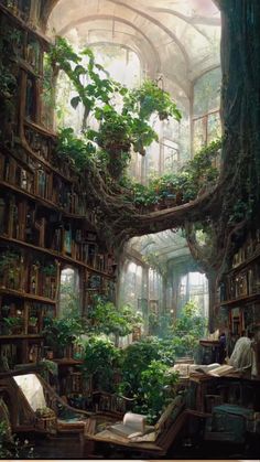 a room filled with lots of books covered in plants and ivy growing on the walls