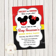 mickey and minnie mouse baby shower or birthday party invitation with polka dot design on red, yellow and black background