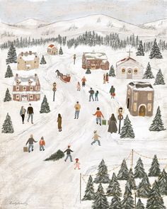 a painting of people skiing and snowboarding on a snowy hill with houses in the background