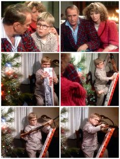 a collage of photos shows a young boy and woman opening presents in front of a christmas tree