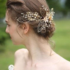 Whimsical hand crafted bridal hair jewelry in a gold leaf and floral design. Small intricate silver rhinestones and white pearls were added for a touch of bling and sophistication. The center flowers are this gorgeous pale pink color. Incredibly special design for the bride that loves delicate details. The gold wire is malleable, so you can move the piece however you desire. You can wear it in an updo or with your hair down. Picture does not do it justice, it is stunning in person! -----Details----- Color: Gold  Measurement: approx 9 inches wide                            approx 4 inches tall Hair Ornaments Wedding, Bridal Head Piece, Floral Hair Comb, Decorative Hair Combs, Hair Comb Bridal, Floral Hair Combs, Bridal Wedding Hair, Headpiece Hairstyles, Bridal Hair Jewelry