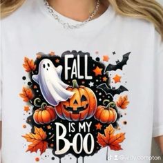 Gildan T-Shirt Get Ready For Spooky Season With Our Fall Is My Boo T-Shirt! Made With Soft Cotton And A Comfortable Fit, This Shirt Is Perfect For Showing Off Your Love For Autumn And Halloween. Make A Fun, Playful Statement With This Quirky And Unique T-Shirt. Casual Halloween T-shirt With Custom Print, Fall Skull Print Short Sleeve T-shirt, Halloween Character Print Relaxed T-shirt, Halloween Themed Short Sleeve T-shirt With All Over Print, Casual Halloween T-shirt With All Over Print, Unique Tshirts, Comfort Fit, Tshirt Designs, Womens Tops