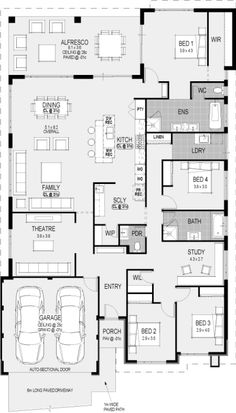 the floor plan for a two story house with three car garages and an attached living area