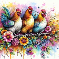 three colorful chickens sitting on top of a branch with flowers and butterflies around the neck