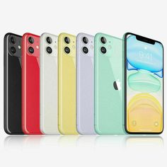 the new iphones are lined up in different colors and sizes, including green, yellow, pink, blue, red