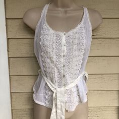 L Lace Crochet On Front, Button Down Ties At Waist White With Ivory Crochet And Belt Very Cute Top New With Tag 19 Pit To Pit Length From Under Arm=12" Fitted Beach Tops With Button Closure, White Tops With Buttons For Daywear, Elegant Buttoned Tops For Beach, Elegant Tops With Buttons For Beach, Lace Button, Lace Crochet, Button Top, Cute Top, Cute Tops