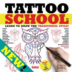 a drawing book with an owl drawn on it and the words tattoo school written below