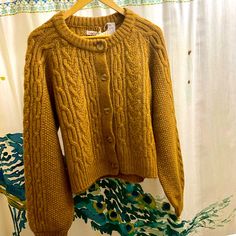 Frost Cardigan In Golden Yellow Size Xl Brand New Never Worn New With Tags Casual Mustard Cardigan For Winter, Mustard Long Sleeve Winter Cardigan, Mustard Long Sleeve Cardigan For Winter, Yellow Winter Cardigan, Yellow Crew Neck Cardigan, Cozy Mustard Sweater For Fall, Vintage Mustard Sweater For Winter, Vintage Mustard Sweater For Fall, Fitted Yellow Cardigan For Fall