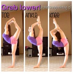 a woman doing yoga poses in three different positions with the words grab lower and top knee