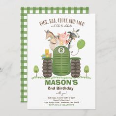 a green tractor birthday party card with farm animals on the front and sides, including two balloons