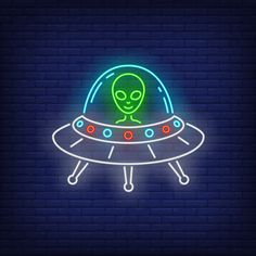 an alien in a spaceship neon sign