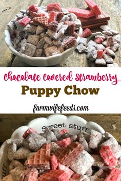 chocolate covered strawberry puppy chow is in a bowl