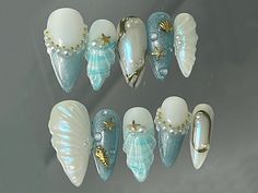 Mermaid Nail Art, Seashell Nails, Sea Nails, Beachy Nails, Cute Simple Nails, Acrylic Press On Nails, Girly Acrylic Nails, Mermaid Nails