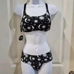 Swim Time Hot Topic Brand New With Tags Reversible Patterns Moon & Stars Celestial Print On One Side - Striped Pattern On The Other High Quality Material Padded Top Criss Cross / Lace-Up Back - Makes The Top Adjustable, Like A Corset Black & White Halter Square Neckline Pull-On Bottoms Waist 14½" Rise 7½" 82% Nylon, 18% Spandex Machine Wash, Cold Size - Top: Xs, Bottoms: S Always Remember To Rinse Off After Using Your Swimwear, To Help Preserve Colors , Friendly, But They Have No Access To My In Bathing Suit Outfits, Triangle Swim Top, Celestial Print, Corset Black, Female Outfits, Halter Swim Top, Padded Top, High Waisted Swim